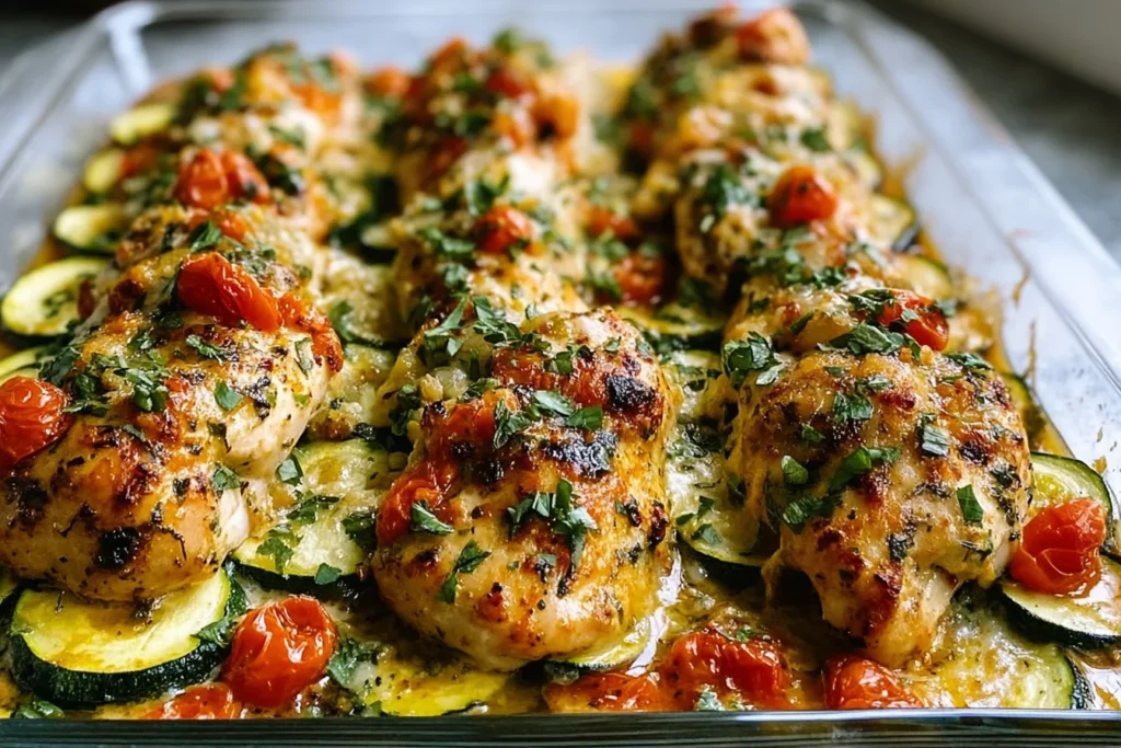 Best Mediterranean Chicken Zucchini Bake in a glass dish with juicy baked chicken, sliced zucchini, roasted cherry tomatoes, and fresh parsley
