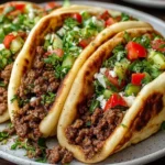 Mediterranean Ground Beef Pita Pockets filled with seasoned ground beef, cucumber-tomato salad, fresh herbs, and crumbled feta on a plate.
