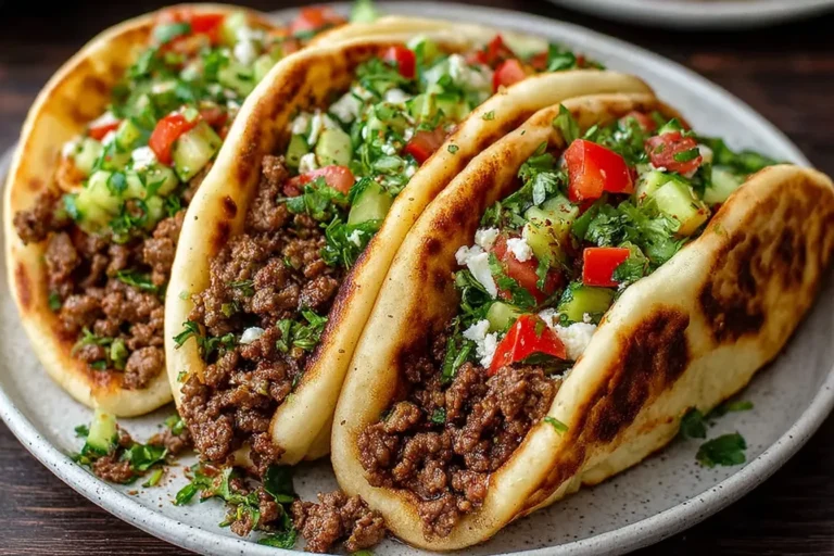 Mediterranean Ground Beef Pita Pockets filled with seasoned ground beef, cucumber-tomato salad, fresh herbs, and crumbled feta on a plate.
