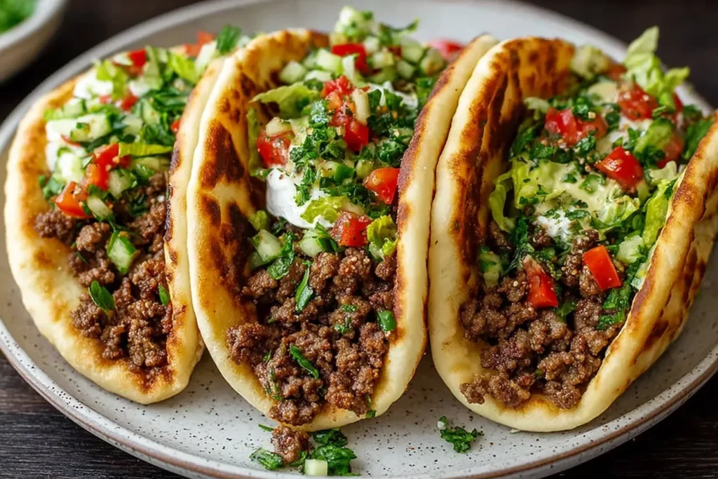 Mediterranean Ground Beef Pita Pockets stuffed with seasoned ground beef, chopped cucumber and tomato, lettuce, fresh herbs, and creamy tzatziki sauce.