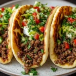 Mediterranean Ground Beef Pita Pockets stuffed with seasoned ground beef, chopped cucumber and tomato, lettuce, fresh herbs, and creamy tzatziki sauce.