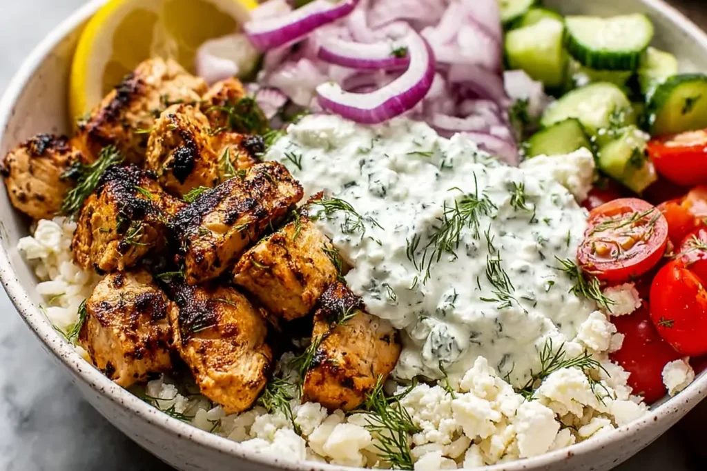 Mediterranean Lemon-Dill Chicken Bowls with charred lemon-herb chicken, creamy dill tzatziki, feta, cucumbers, cherry tomatoes, and red onion over a fresh bowl base.