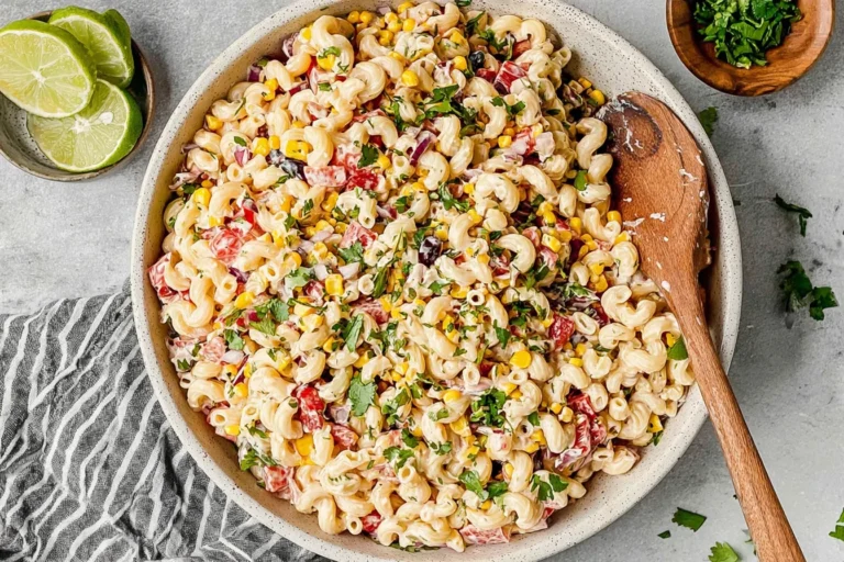 Mexican Macaroni Salad in a large bowl with creamy lime dressing, corn, black beans, tomatoes, cilantro, and jalapeño.