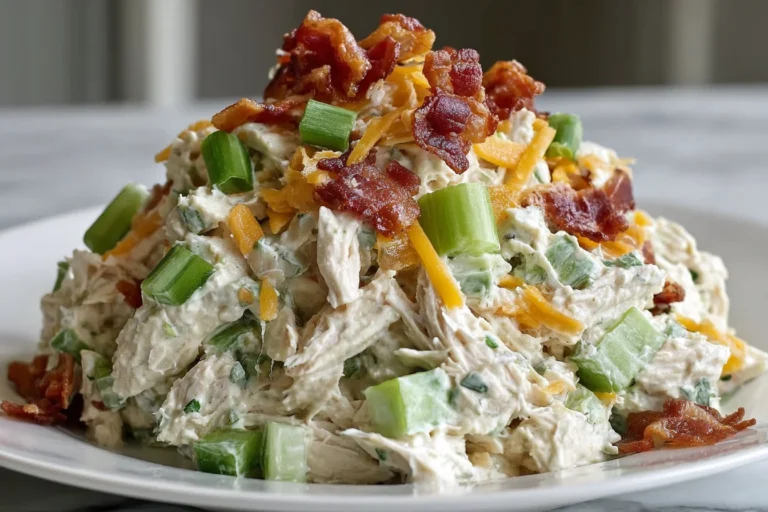 Million Dollar Chicken Salad piled on a plate with shredded chicken, crunchy celery, green onions, cheddar cheese, and crispy bacon on top.