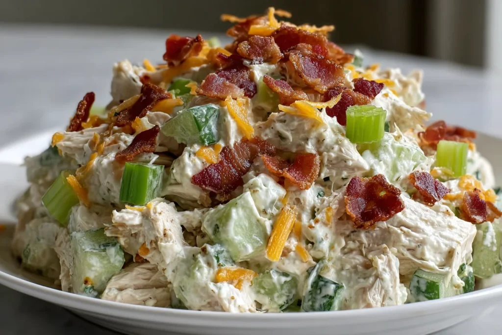 Million Dollar Chicken Salad close-up with shredded chicken, crisp celery, green onion, cheddar cheese, and crispy bacon in a creamy dressing.