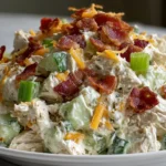 Million Dollar Chicken Salad close-up with shredded chicken, crisp celery, green onion, cheddar cheese, and crispy bacon in a creamy dressing.