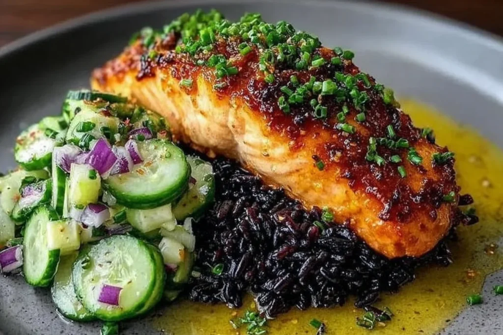 Miso Salmon with black rice and coconut cucumber salad served on a gray plate with miso-glazed salmon, black rice, and crisp cucumber salad