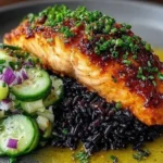 Miso Salmon with black rice and coconut cucumber salad served on a gray plate with miso-glazed salmon, black rice, and crisp cucumber salad