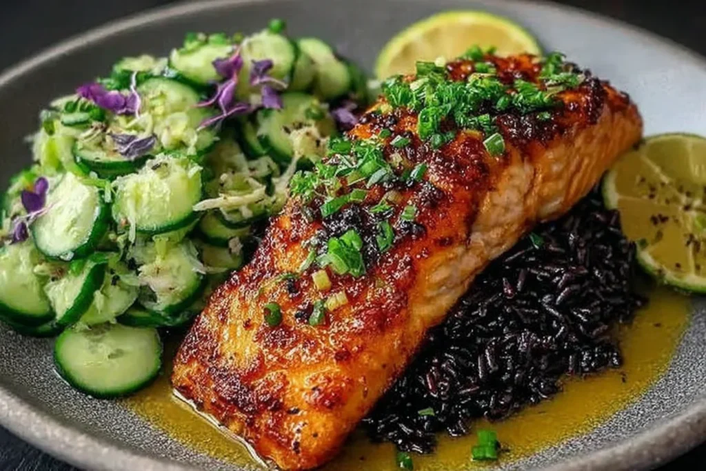 Miso Salmon with black rice and coconut cucumber salad plated with lime wedges, fresh herbs, and crisp cucumber slices