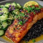 Miso Salmon with black rice and coconut cucumber salad plated with lime wedges, fresh herbs, and crisp cucumber slices