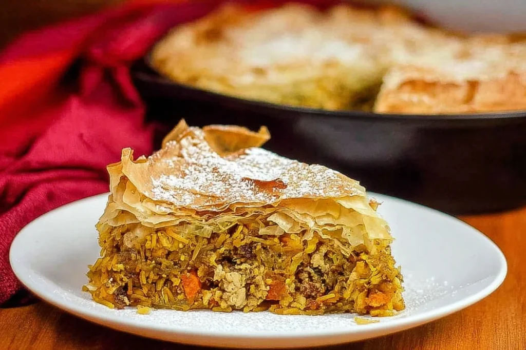 Slice of moroccan chicken pastilla on a white plate, showing layers of crispy phyllo and spiced chicken filling dusted with powdered sugar.