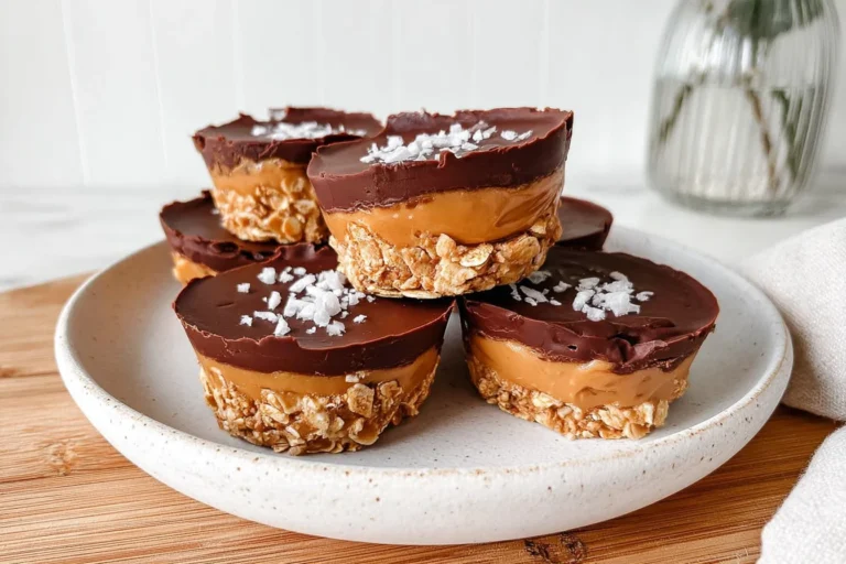 Peanut Butter Oat Cups stacked on a white plate with chocolate tops, creamy peanut butter filling, oat base, and flaky sea salt.