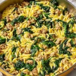 Italian Ground Turkey Spinach Orzo in a skillet with tender orzo pasta, browned turkey, wilted spinach, Parmesan, and fresh lemon.