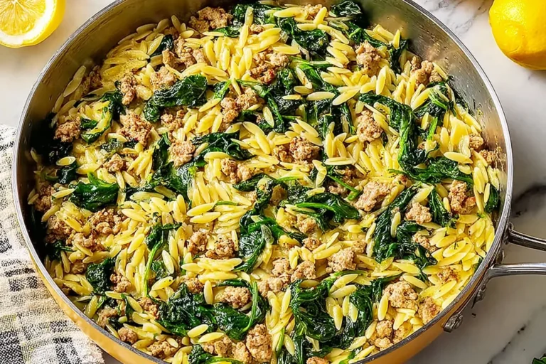 Italian Ground Turkey Spinach Orzo in a skillet with tender orzo pasta, browned turkey, wilted spinach, Parmesan, and fresh lemon.