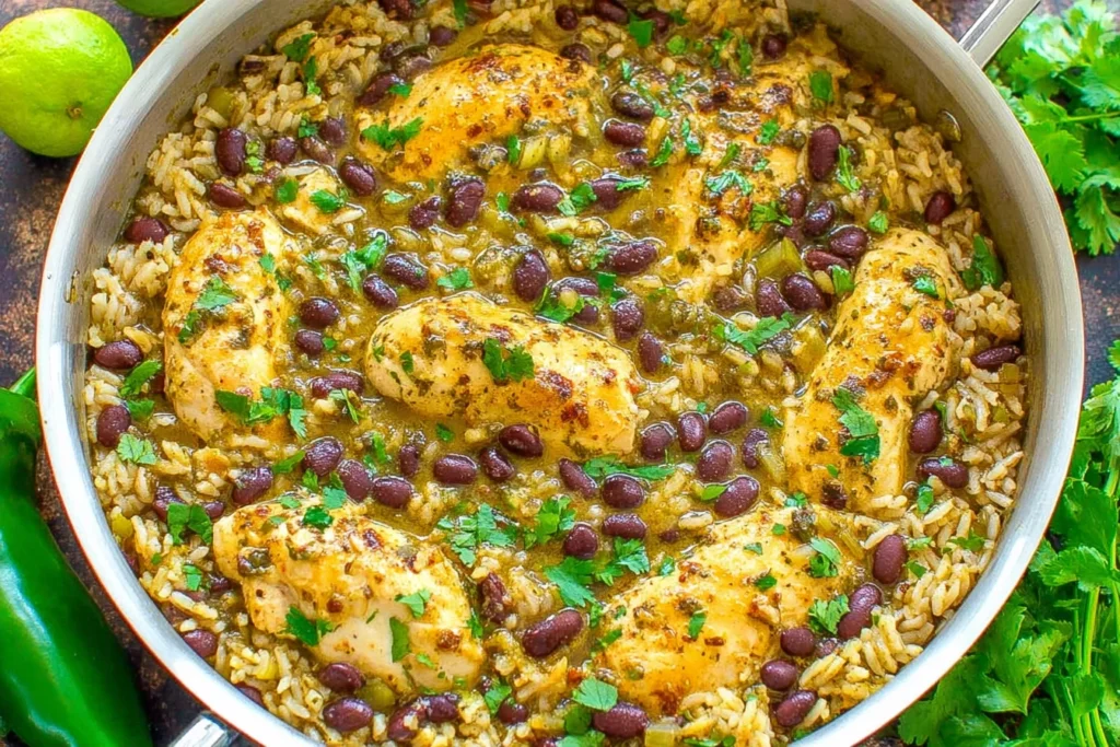 Salsa Verde Chicken Rice and Beans in a skillet with tender chicken, black beans, fluffy rice, and fresh cilantro.