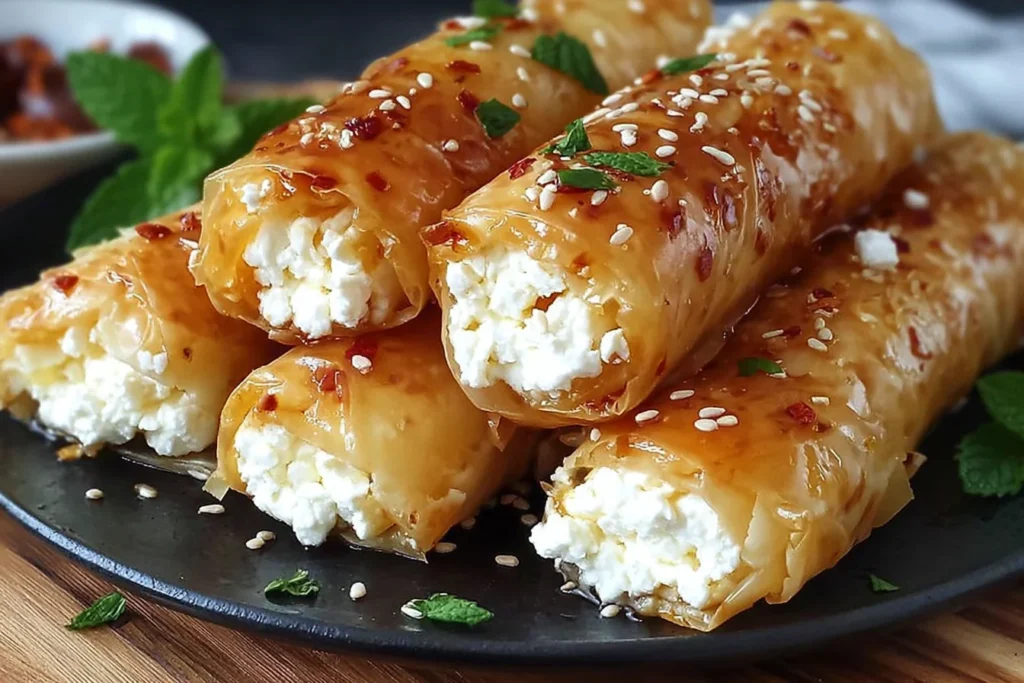 Oven-Fried Feta Rolls with Chili Honey stacked on a black plate, crispy phyllo filled with creamy feta-ricotta, topped with sesame seeds and chili flakes.