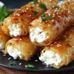 Oven-Fried Feta Rolls with Chili Honey stacked on a black plate, crispy phyllo filled with creamy feta-ricotta, topped with sesame seeds and chili flakes.