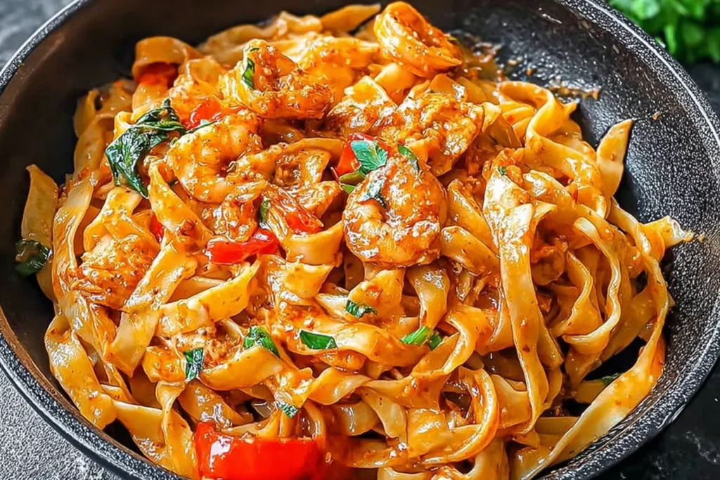 Close-up of Pappadeaux Mardi Gras Pasta with Cajun cream sauce, shrimp, tender fettuccine, and peppers in a black skillet