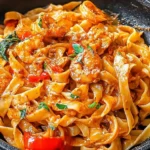 Close-up of Pappadeaux Mardi Gras Pasta with Cajun cream sauce, shrimp, tender fettuccine, and peppers in a black skillet