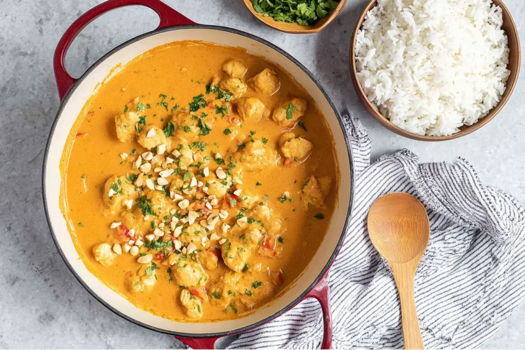Overhead view of Peanut Butter Chicken Curry in a red Dutch oven, topped with chopped peanuts and cilantro, served with a bowl of white rice.