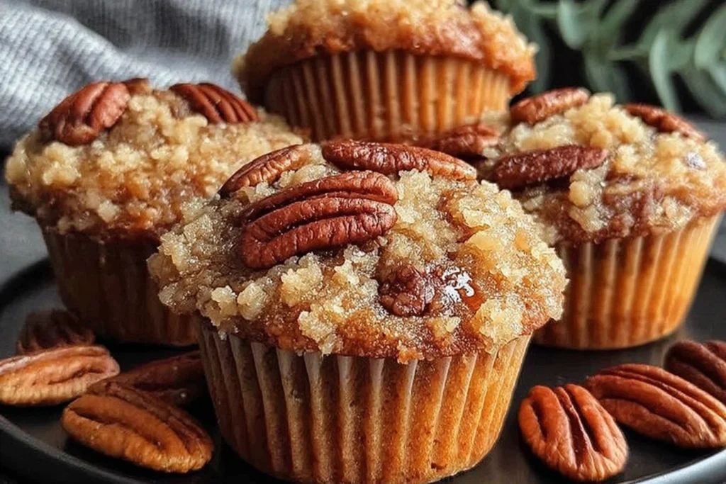 Close-up of Pecan Pie Brown Sugar Muffins with buttery brown sugar crumble and toasted pecan halves on top.