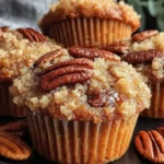 Close-up of Pecan Pie Brown Sugar Muffins with buttery brown sugar crumble and toasted pecan halves on top.