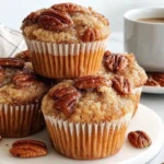 Pecan Pie Brown Sugar Muffins topped with crunchy pecans and brown sugar crumble, served with a cup of coffee.