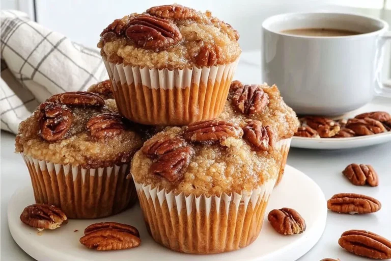Pecan Pie Brown Sugar Muffins topped with crunchy pecans and brown sugar crumble, served with a cup of coffee.