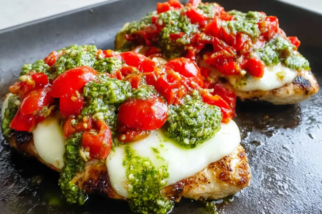 Pesto Bruschetta Chicken topped with melted mozzarella, fresh tomato bruschetta, and basil pesto on a skillet.