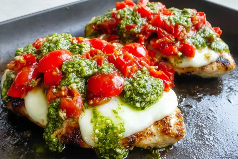 Pesto Bruschetta Chicken topped with melted mozzarella, fresh tomato bruschetta, and basil pesto on a skillet.