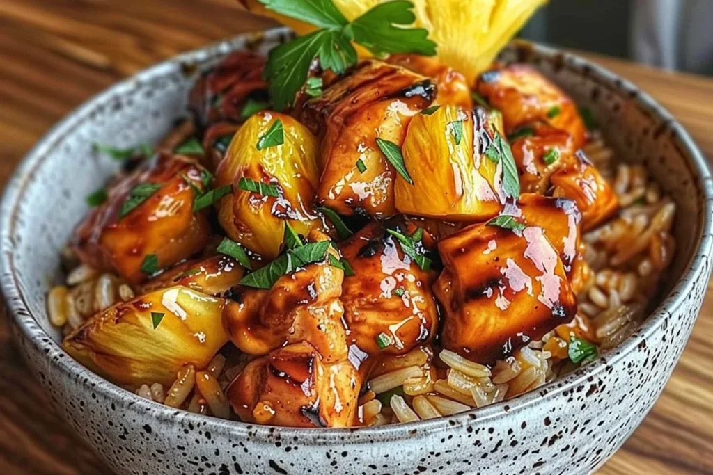 Pineapple Chicken and Rice in a speckled bowl—glazed chicken bites with juicy pineapple chunks over fluffy rice, topped with fresh herbs.