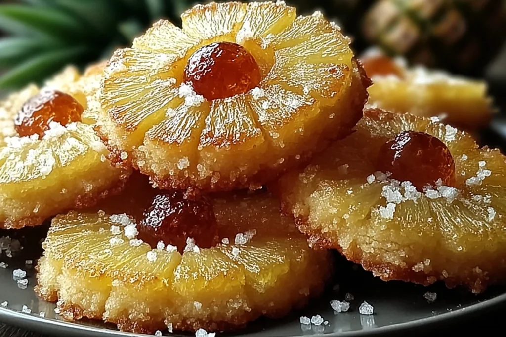 Pineapple Upside Down Sugar Cookies stacked on a plate with caramelized pineapple rings, cherry centers, and crunchy sugar crystals.