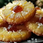 Pineapple Upside Down Sugar Cookies stacked on a plate with caramelized pineapple rings, cherry centers, and crunchy sugar crystals.