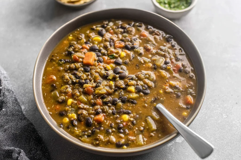 Protein Packed Black Bean and Lentil Soup in a bowl, thick and hearty with lentils, black beans, carrots, and veggies.