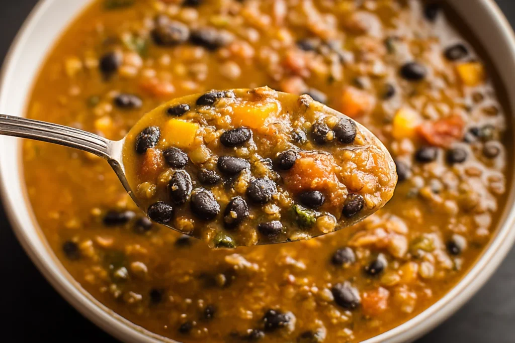 Spoonful of Protein Packed Black Bean and Lentil Soup showing thick broth with black beans, lentils, tomatoes, and veggies.