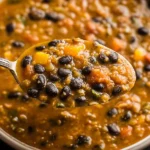 Spoonful of Protein Packed Black Bean and Lentil Soup showing thick broth with black beans, lentils, tomatoes, and veggies.
