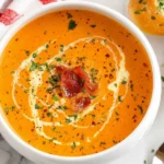 Bowl of Roasted Red Pepper Gouda Soup topped with a cream swirl, herbs, and crispy garnish, served with sliced bread for dipping.