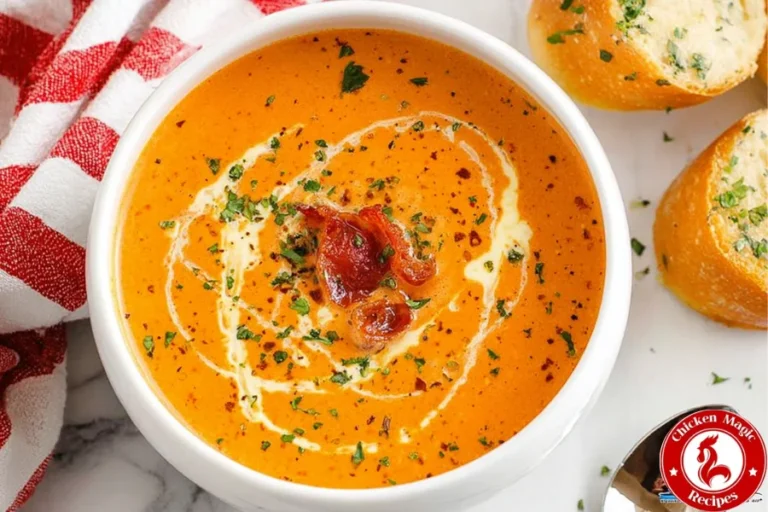 Bowl of Roasted Red Pepper Gouda Soup topped with a cream swirl, herbs, and crispy garnish, served with sliced bread for dipping.