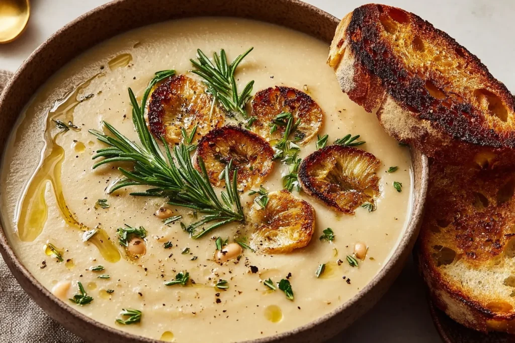 Bowl of Rosemary and Roasted Garlic White Bean Soup garnished with roasted garlic slices, fresh rosemary, olive oil drizzle, and toasted crusty bread.
