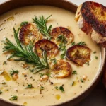 Bowl of Rosemary and Roasted Garlic White Bean Soup garnished with roasted garlic slices, fresh rosemary, olive oil drizzle, and toasted crusty bread.