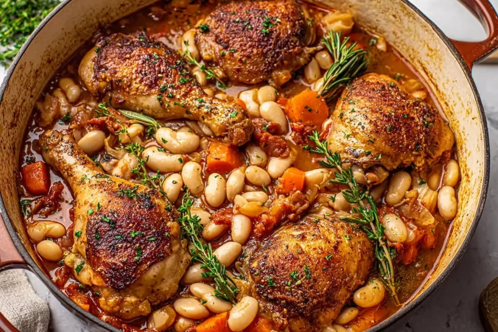 Rustic Chicken Cassoulet in a Dutch oven with crispy seared chicken thighs, cannellini beans, carrots, and herbs in a rich tomato broth.