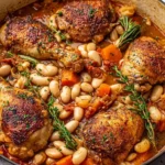 Rustic Chicken Cassoulet in a Dutch oven with crispy seared chicken thighs, cannellini beans, carrots, and herbs in a rich tomato broth.