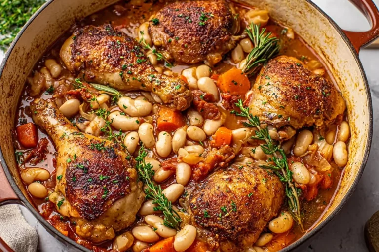 Rustic Chicken Cassoulet in a Dutch oven with crispy seared chicken thighs, cannellini beans, carrots, and herbs in a rich tomato broth.
