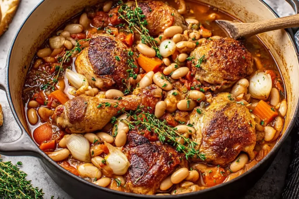 Rustic Chicken Cassoulet bubbling in a Dutch oven with browned chicken thighs, cannellini beans, carrots, pearl onions, and fresh thyme.