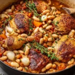 Rustic Chicken Cassoulet bubbling in a Dutch oven with browned chicken thighs, cannellini beans, carrots, pearl onions, and fresh thyme.