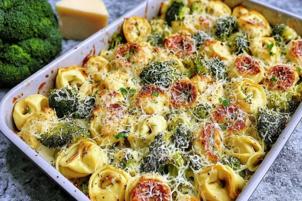 Sheet Pan Broccoli Tortellini Bake with chicken sausage, roasted broccoli, and melted parmesan on a golden, crispy sheet pan.