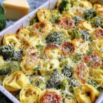 Sheet Pan Broccoli Tortellini Bake with chicken sausage, roasted broccoli, and melted parmesan on a golden, crispy sheet pan.