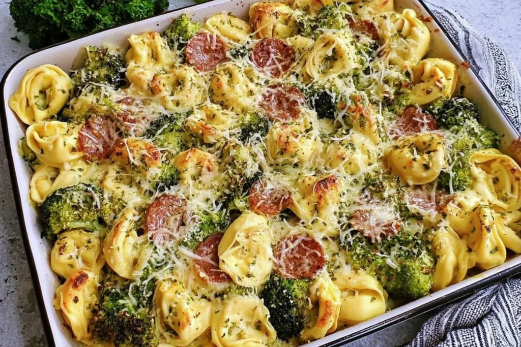 Sheet Pan Broccoli Tortellini Bake loaded with roasted broccoli, sliced chicken sausage, and bubbly parmesan cheese in a family-style baking dish.