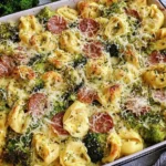 Sheet Pan Broccoli Tortellini Bake loaded with roasted broccoli, sliced chicken sausage, and bubbly parmesan cheese in a family-style baking dish.