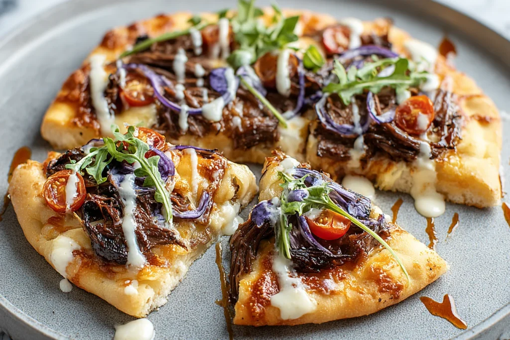Short Rib Pizza with Smoked Gouda Cream Sauce on a golden crust, topped with shredded short ribs, cherry tomatoes, red onion, arugula, and a creamy drizzle.